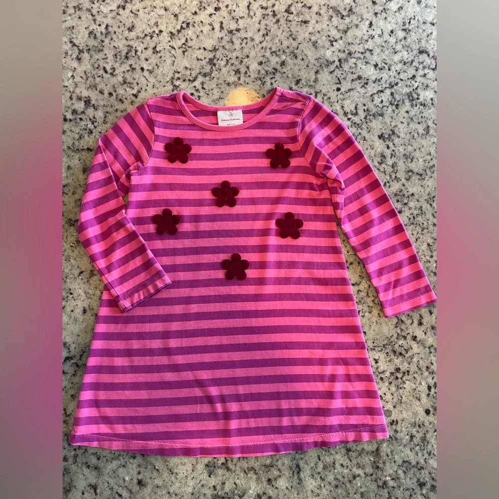 Hanna Andersson Pink and Purple Striped Dress with velvet flowers size 110 4/5T